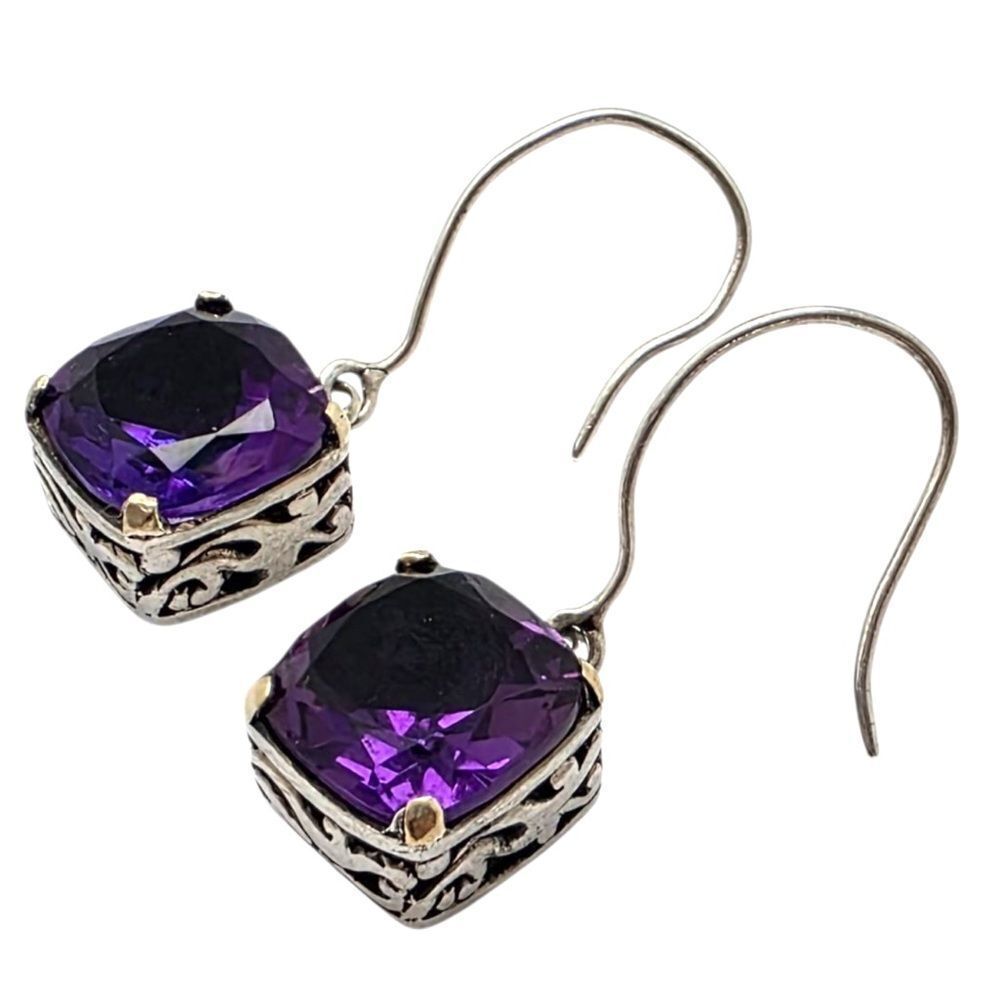 DAVID SCHORR 18K GOLD STERLING SILVER AMETHYST DANGLE EARRINGS